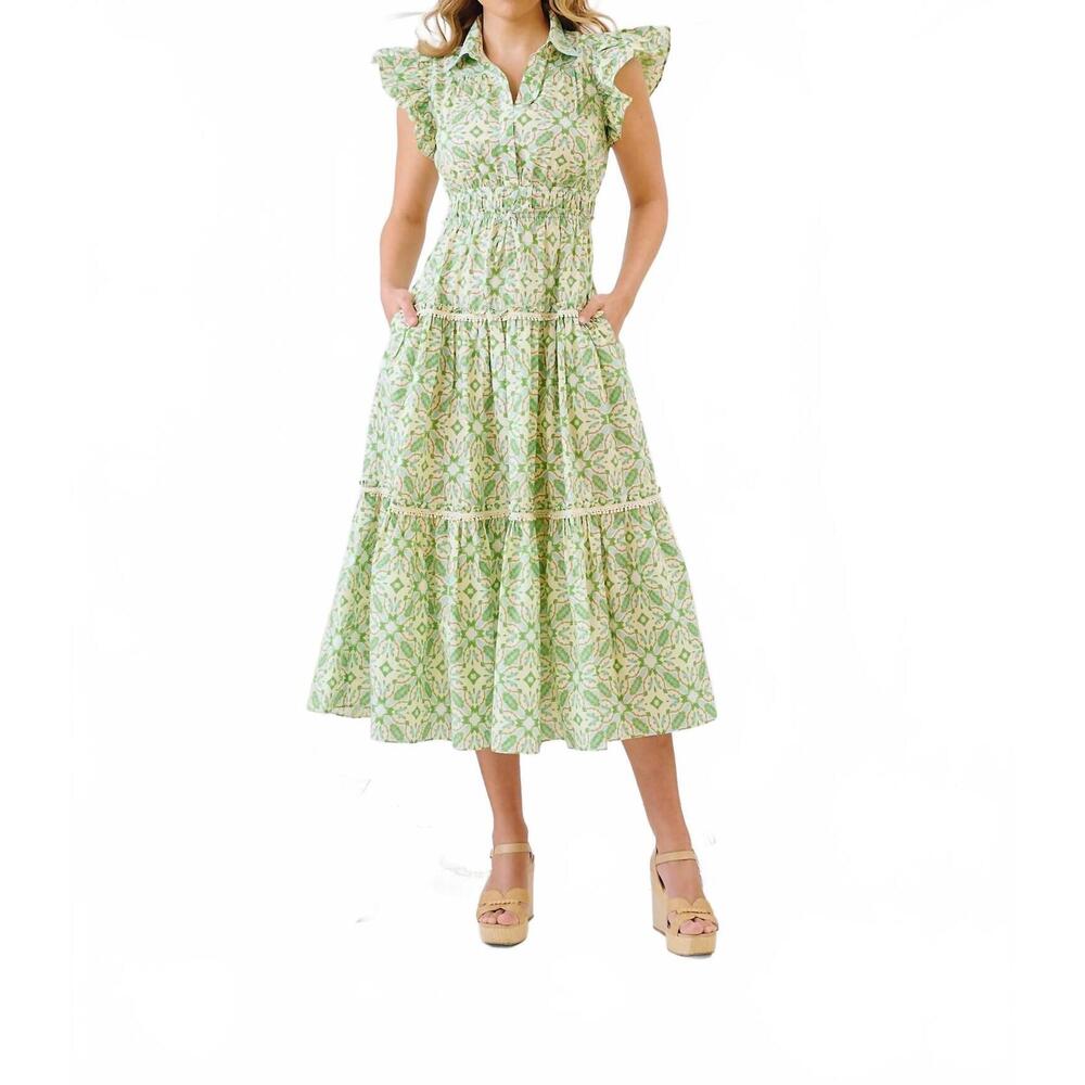NEW BROOKS AVENUE flutter sleeve midi dress in lagos green